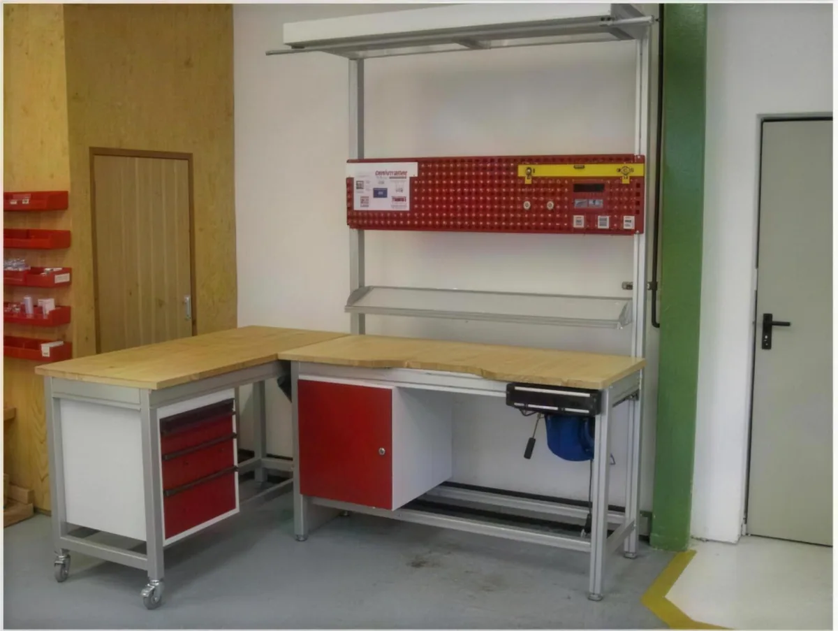 Werkbank mit Schubfachschrank und Regalsystem